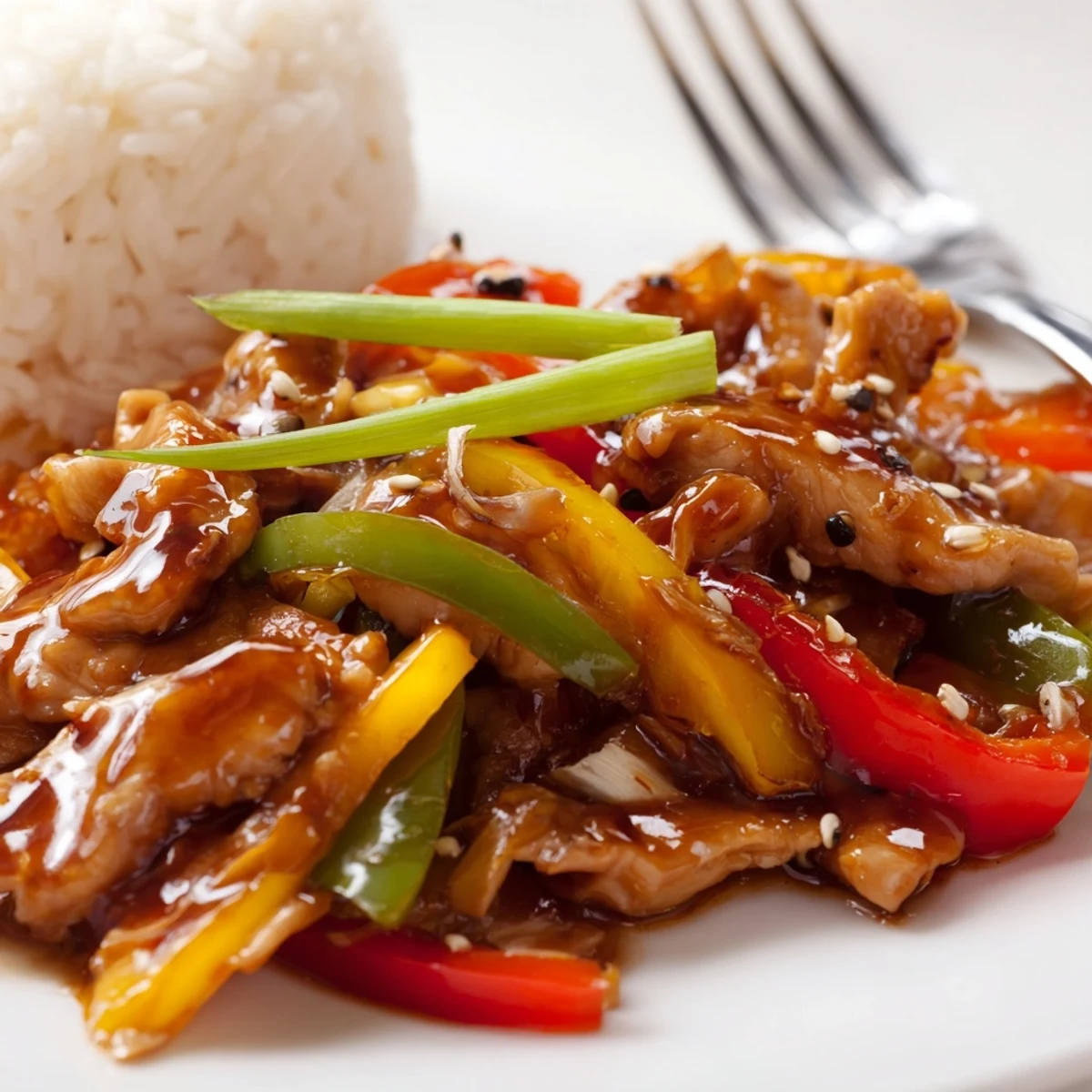 Quick Pepper Chicken Stir Fry tossed in glossy savory sauce, garnished with scallions