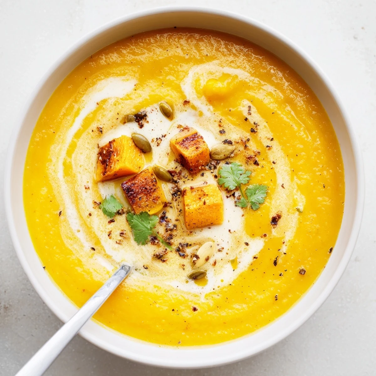 Creamy Pumpkin Soup steaming in bowl, roasted seeds and parsley garnish