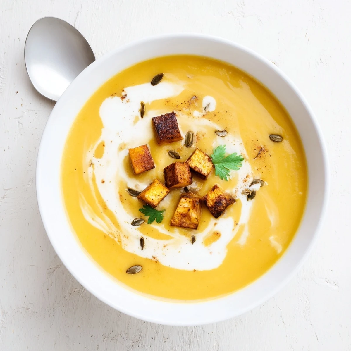 Velvety Pumpkin Soup with coconut cream swirl, crusty bread beside