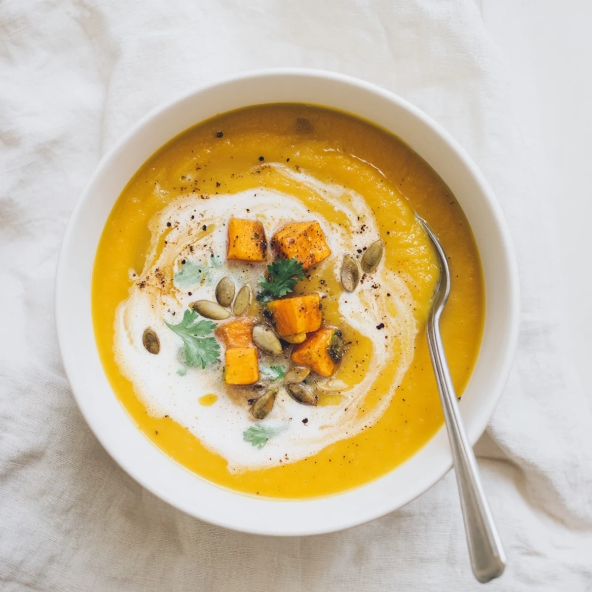 Roasted pumpkin and warm spices in Pumpkin Soup, herb garnish, spoon