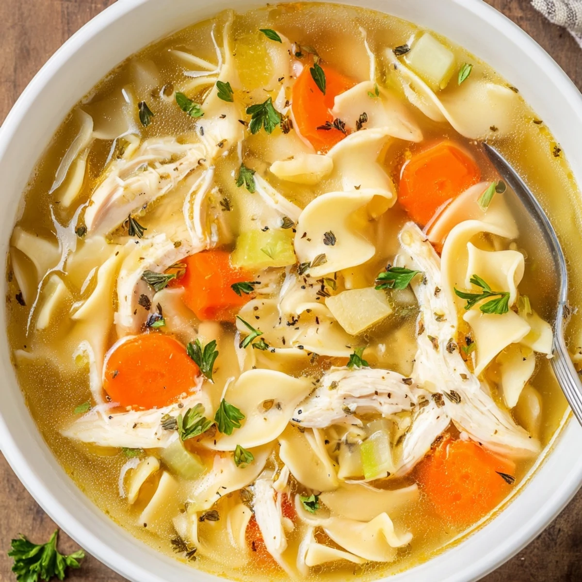 Steaming bowls of Chicken Noodle Soup with shredded chicken and tender noodles