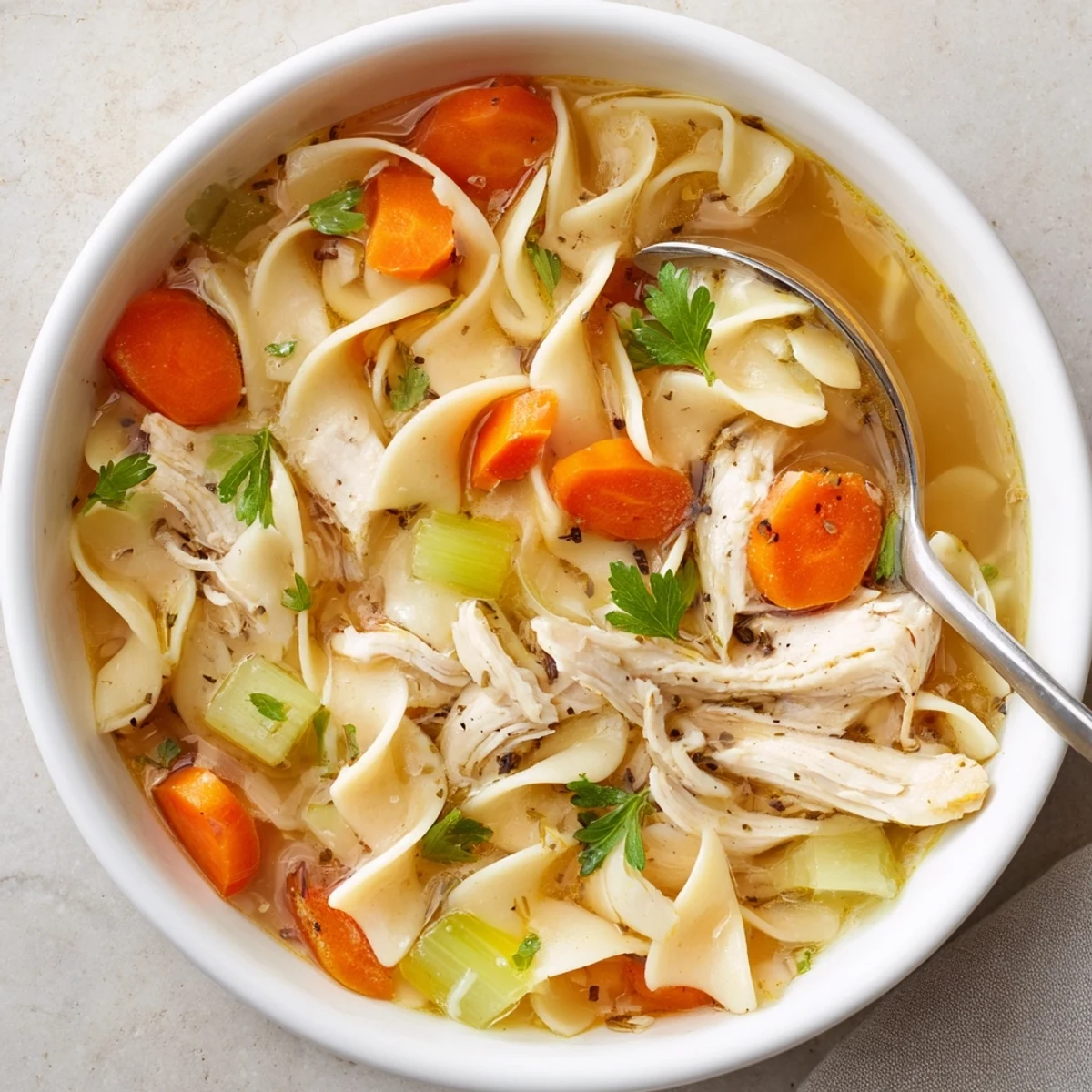 Comforting Chicken Noodle Soup simmered with carrots, celery, and fragrant thyme