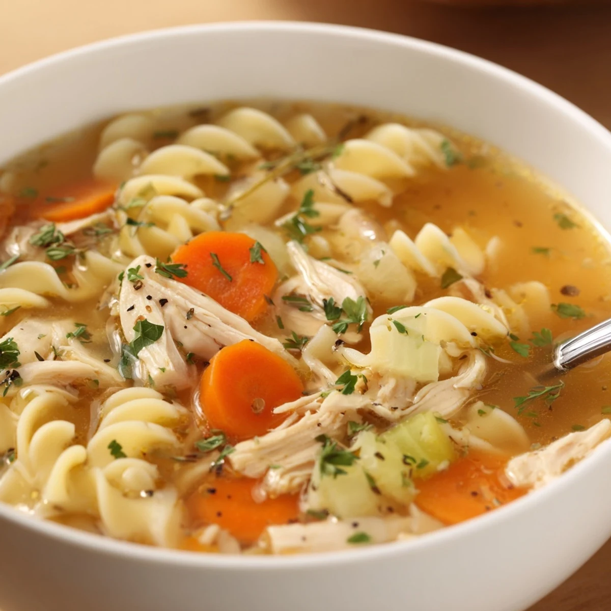 Warm Chicken Noodle Soup ladled into bowls, garnished with fresh parsley
