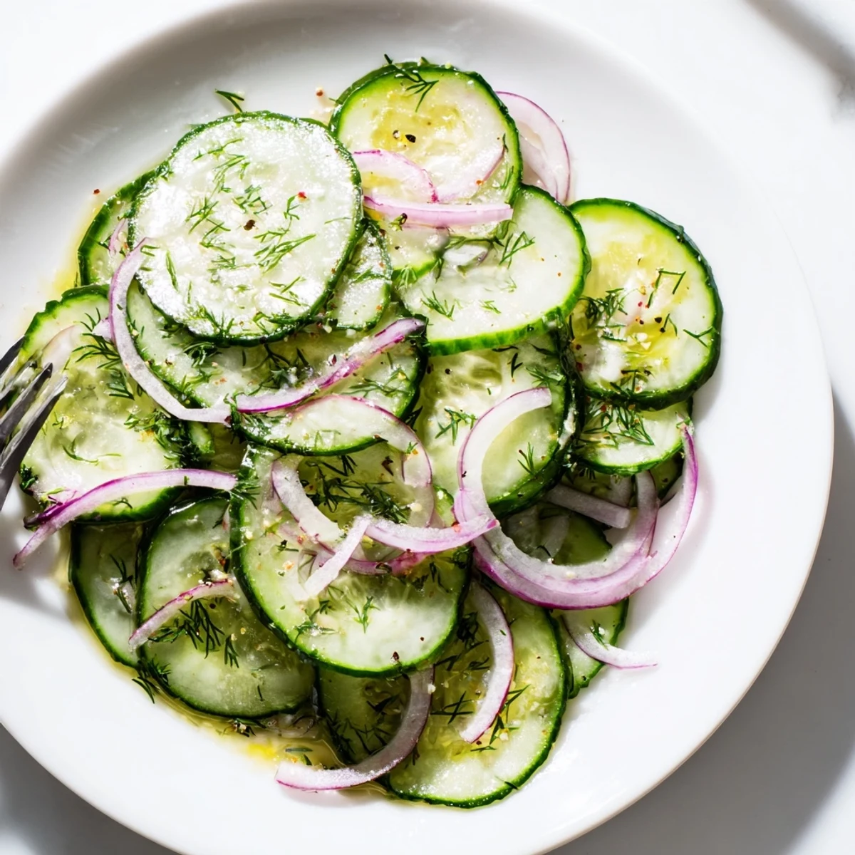Cucumber Salad with dill and red onion, crisp, chilled for summer.