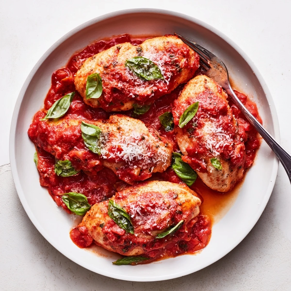 Slow Cooker Tomato Basil Chicken Breasts simmering in rustic tomato sauce, garnished with basil