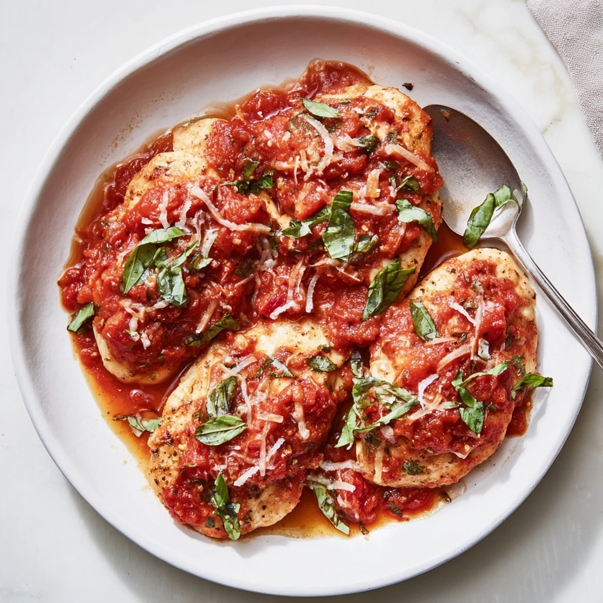 Fork-tender Slow Cooker Tomato Basil Chicken Breasts spooned over steaming pasta, Parmesan optional