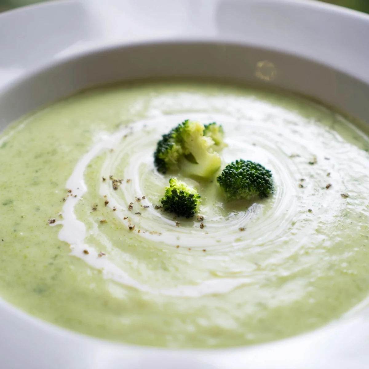 Velvety Broccoli Soup garnished with cream swirl, served with crusty bread.