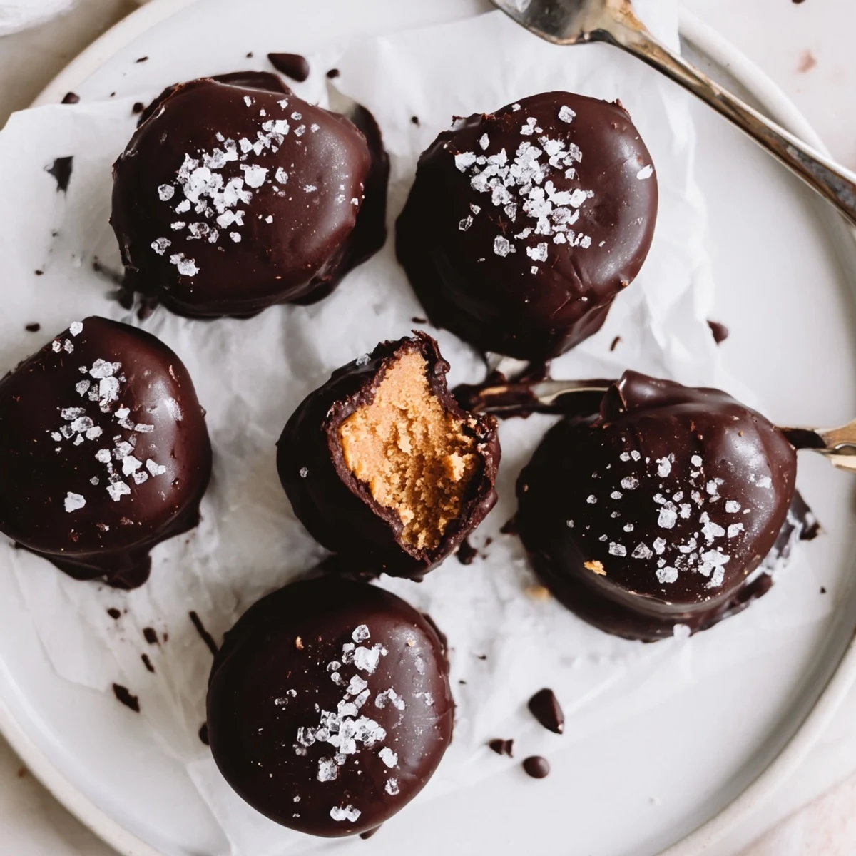Frozen Peanut Butter Greek Yogurt Bites Dipped In Dark Chocolate With Sea Salt plated