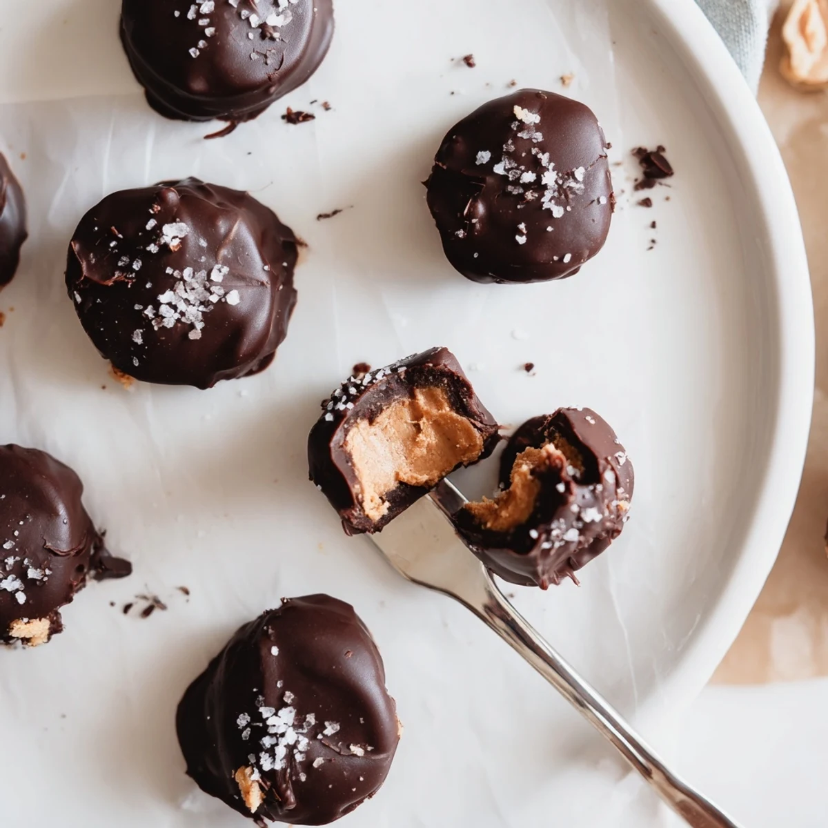 Frozen Peanut Butter Greek Yogurt Bites Dipped In Dark Chocolate With Sea Salt served