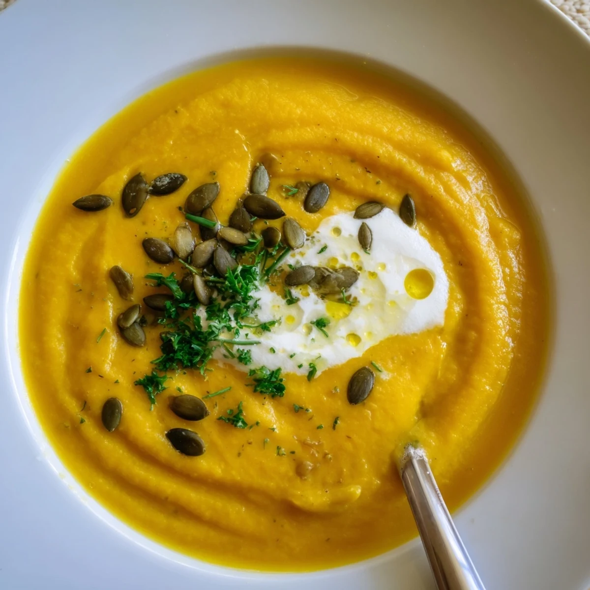 Creamy Carrot Soup steaming in bowl, bright orange color, garnished parsley
