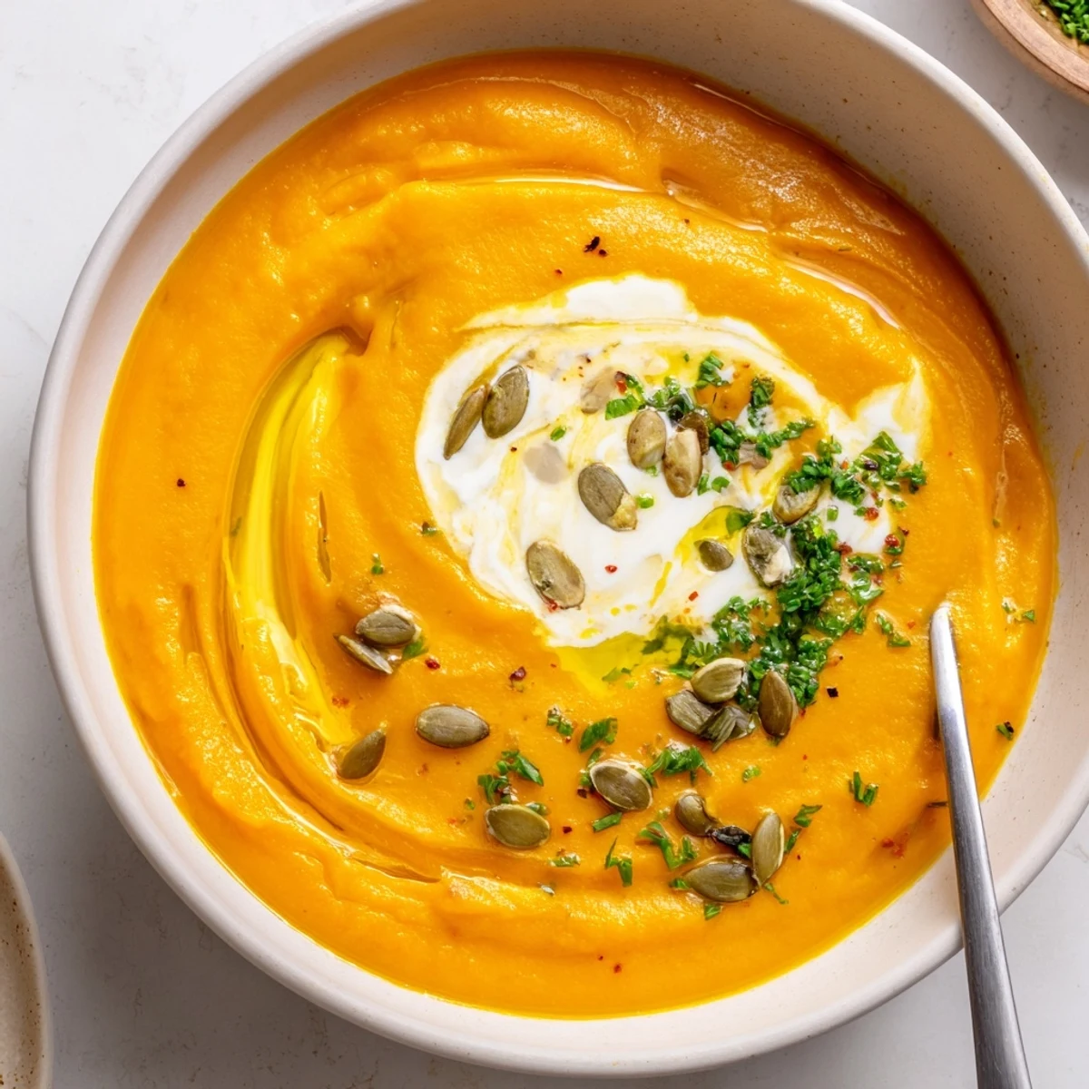 Warm Carrot Soup with silky texture, cumin aroma, served with crusty bread