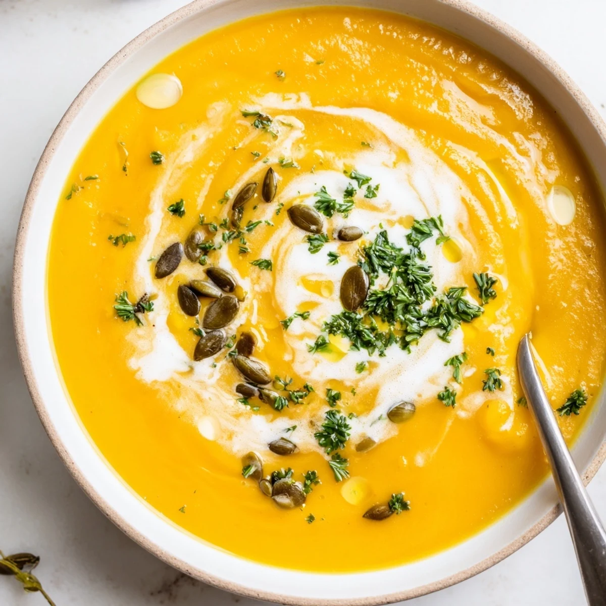 Velvety Carrot Soup swirled with cream, sprinkle of chives, wooden spoon