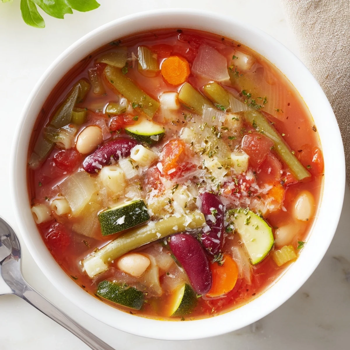 Minestrone Soup bubbling with chunky vegetables, beans, and ditalini in broth