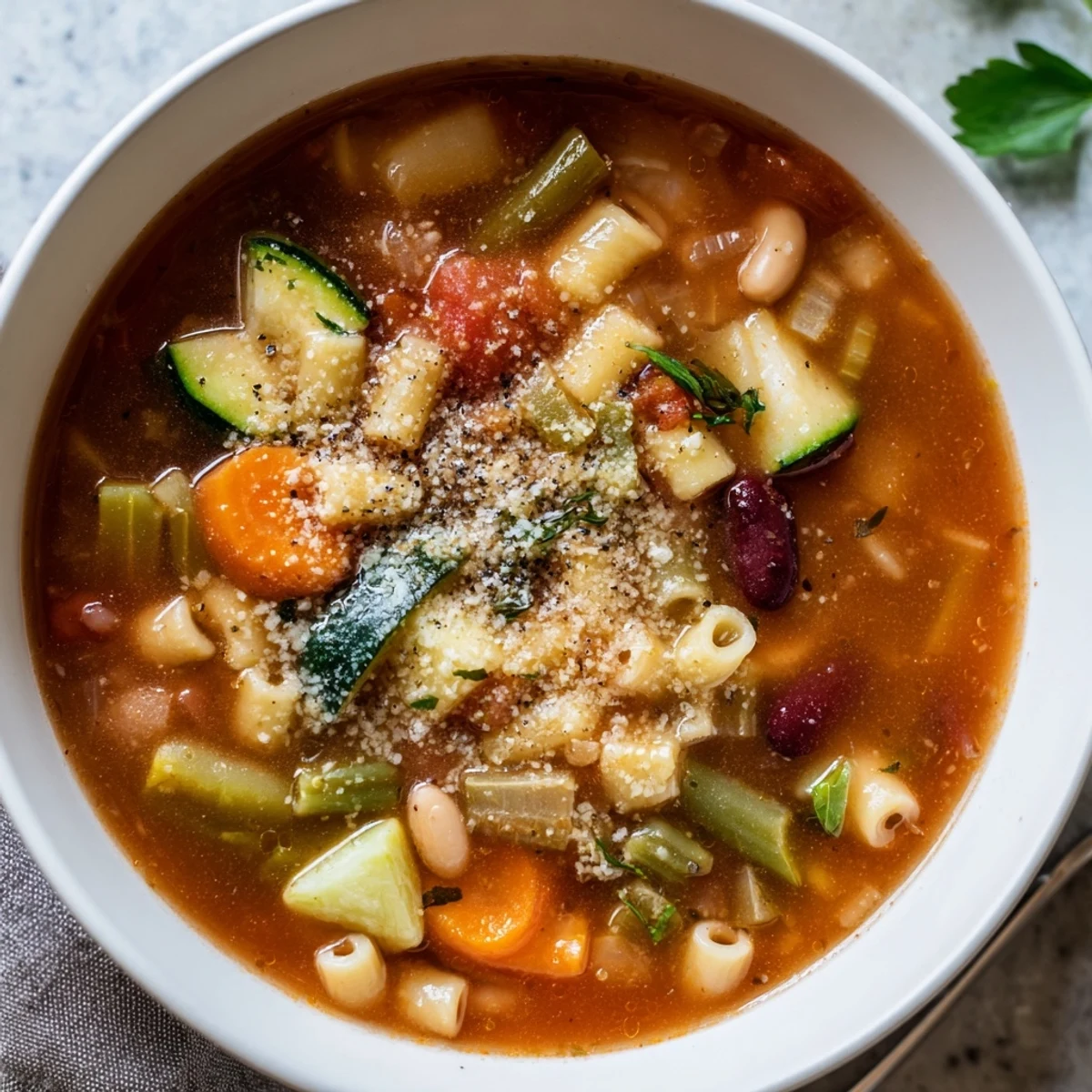 Hearty Minestrone Soup steaming, savory tomato aroma, perfect with crusty bread