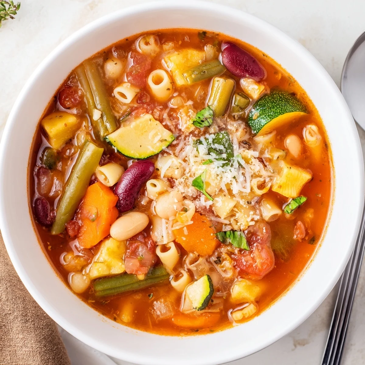 Warm Minestrone Soup ladled into a bowl, topped with grated Parmesan