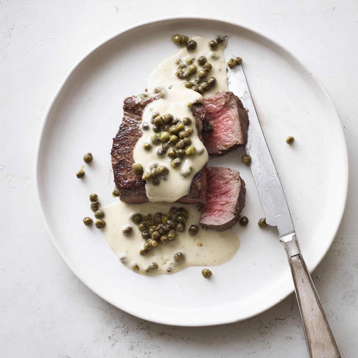 Pan-seared beef steak drizzled with luscious creamy green peppercorn sauce on a white plate