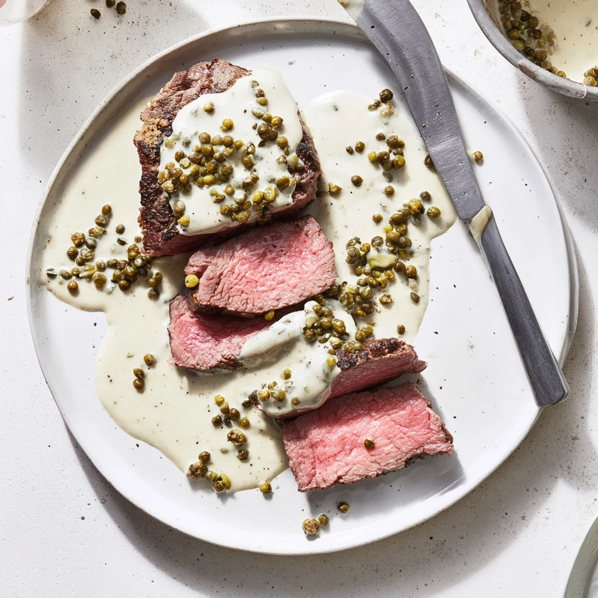 Tender juicy filet mignon topped with rich French-style creamy peppercorn sauce for an elegant dinner