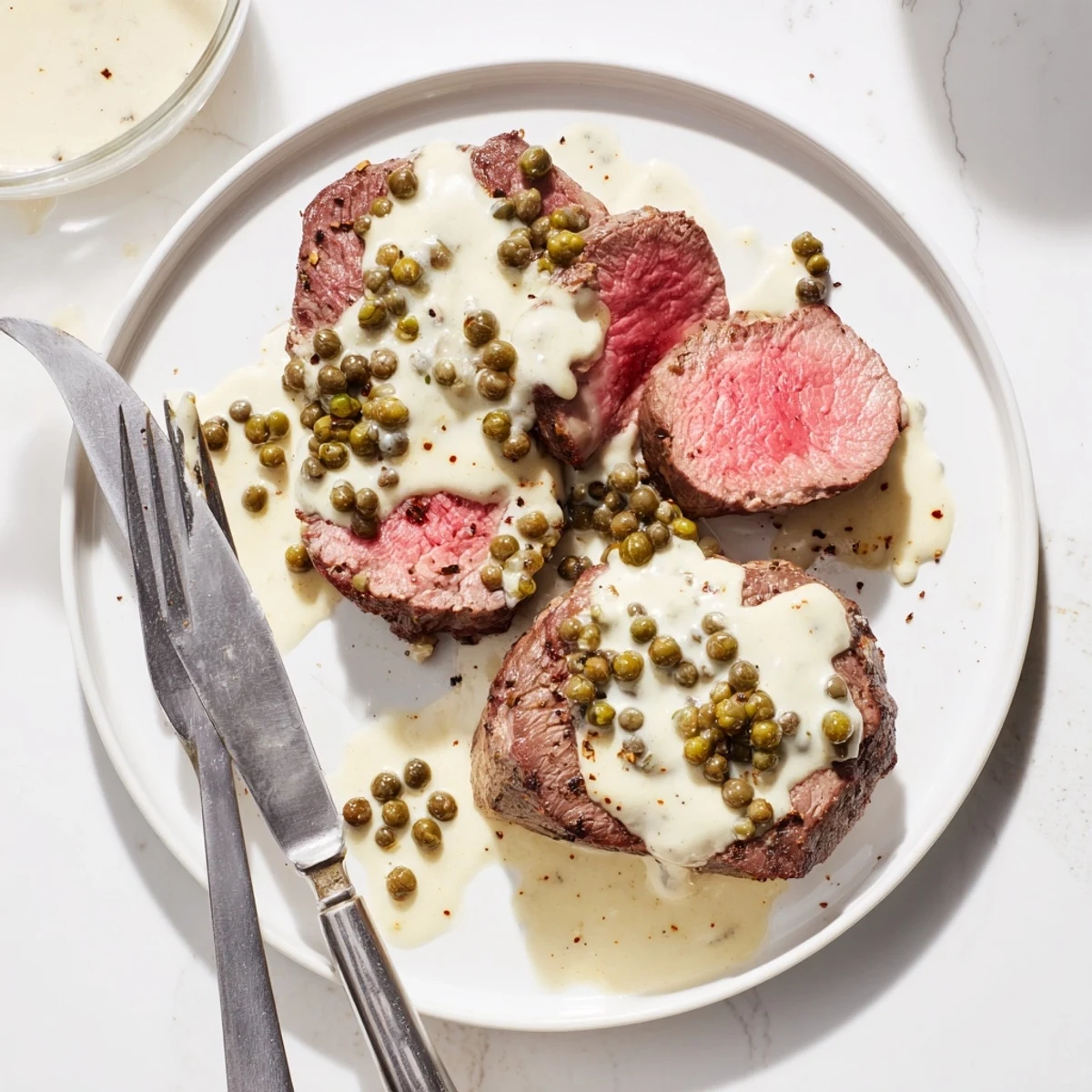 Golden seared steak served with velvety green peppercorn cream sauce garnished with fresh parsley