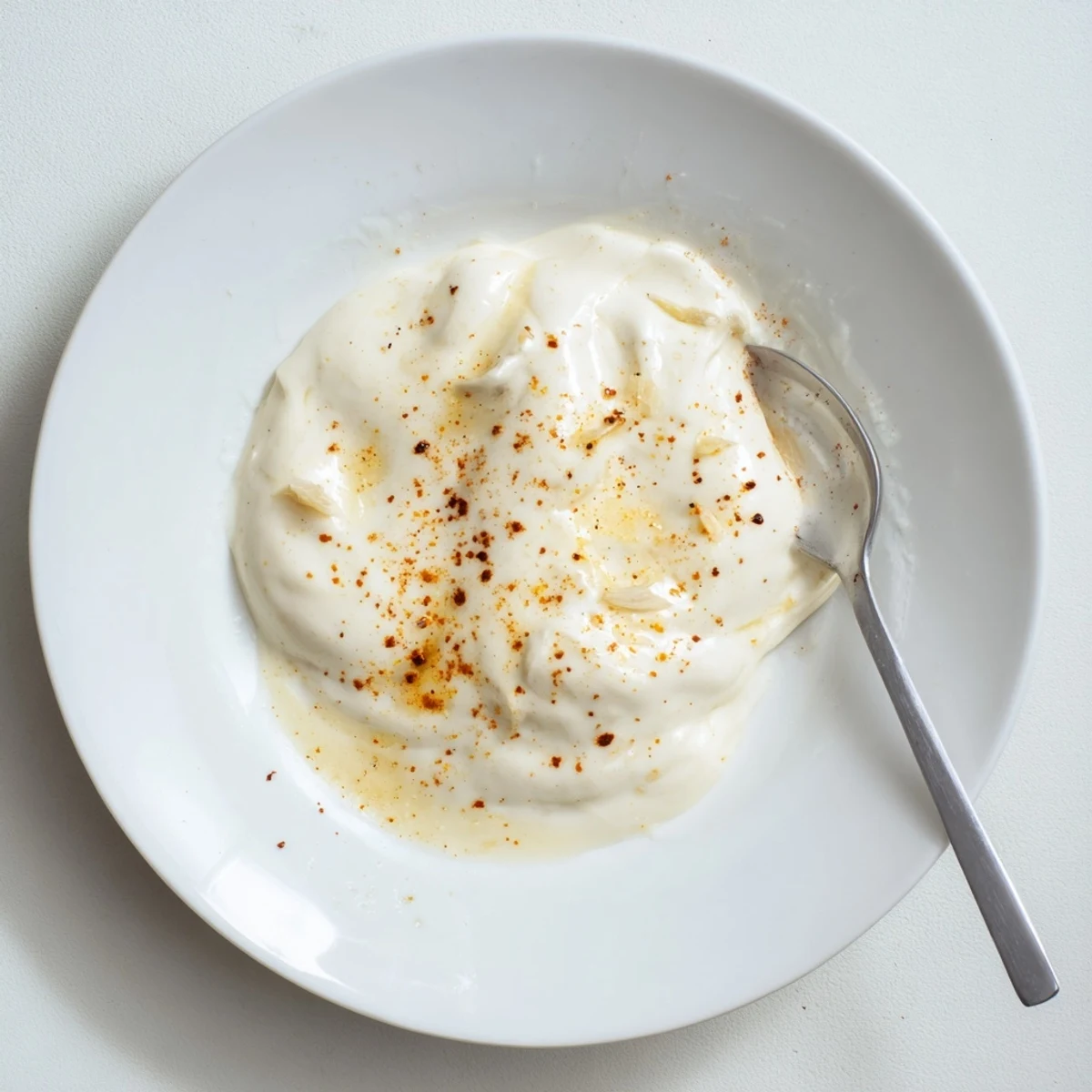 Creamy smoky garlic sauce in a white bowl with a drizzle of olive oil on top
