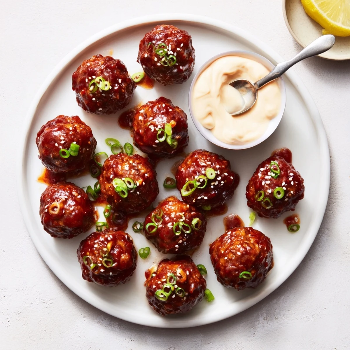 Glossy Korean BBQ meatballs brushed with sweet savory sauce alongside creamy spicy mayo dip