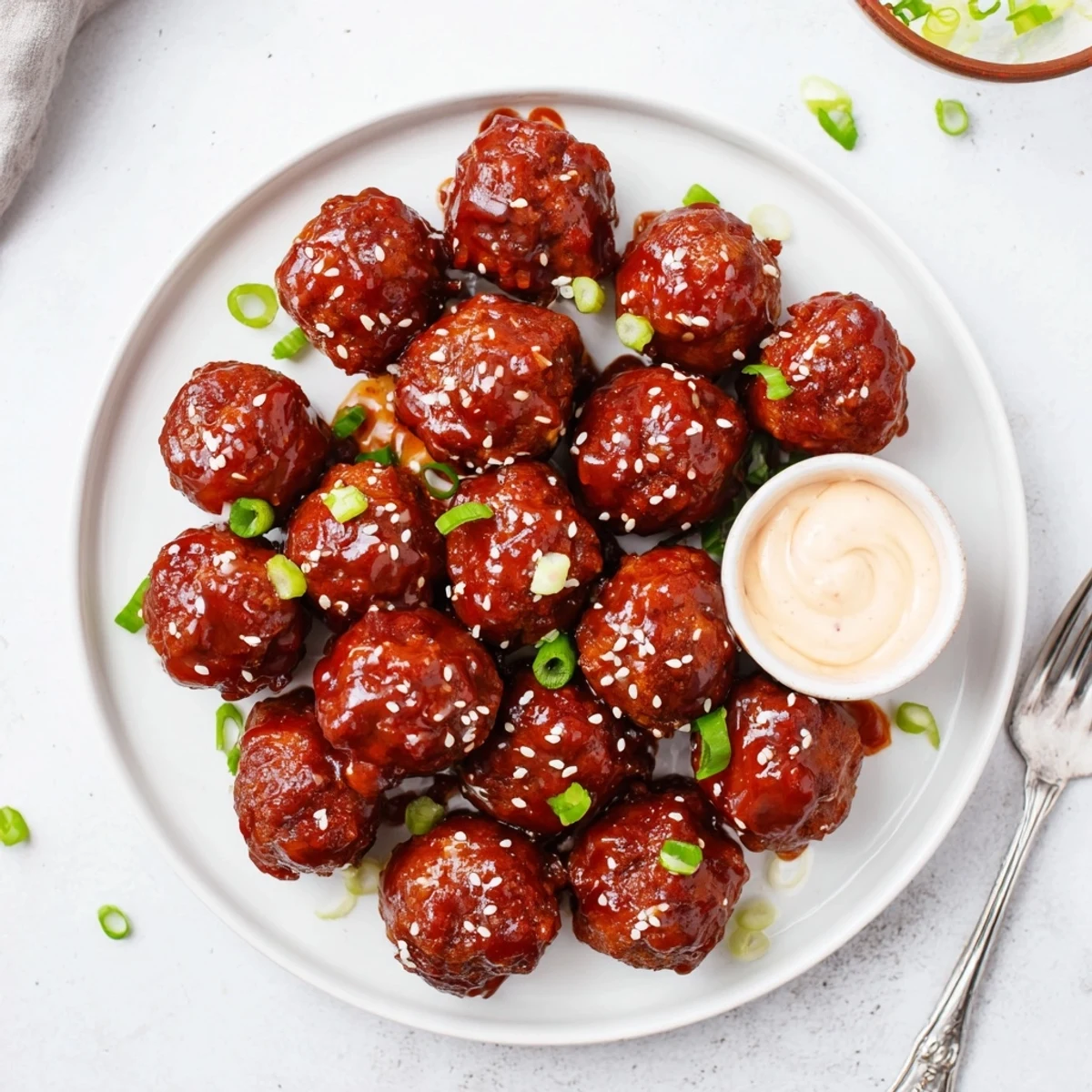 Golden brown meatballs glazed in Korean BBQ sauce topped with sesame seeds and green onions