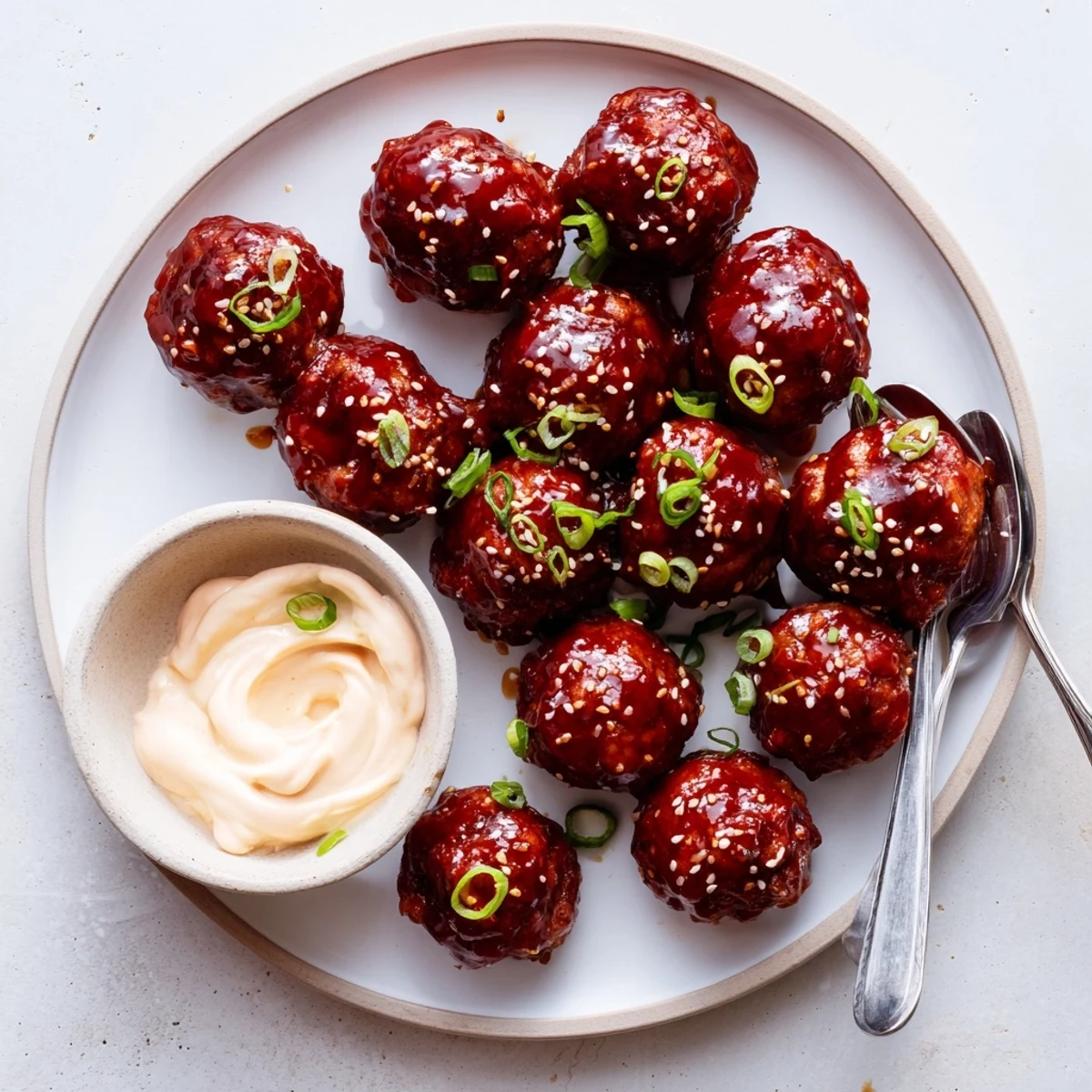 Plate of juicy Korean BBQ meatballs served with white spicy mayonnaise dipping sauce on side