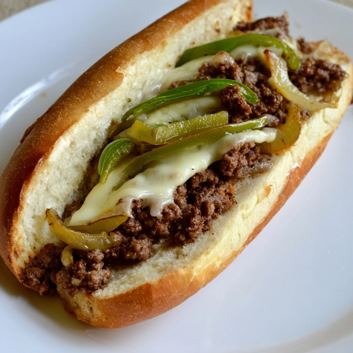 Golden ground beef Philly cheesesteaks loaded with sautéed peppers, onions, and melted provolone on toasted hoagie rolls