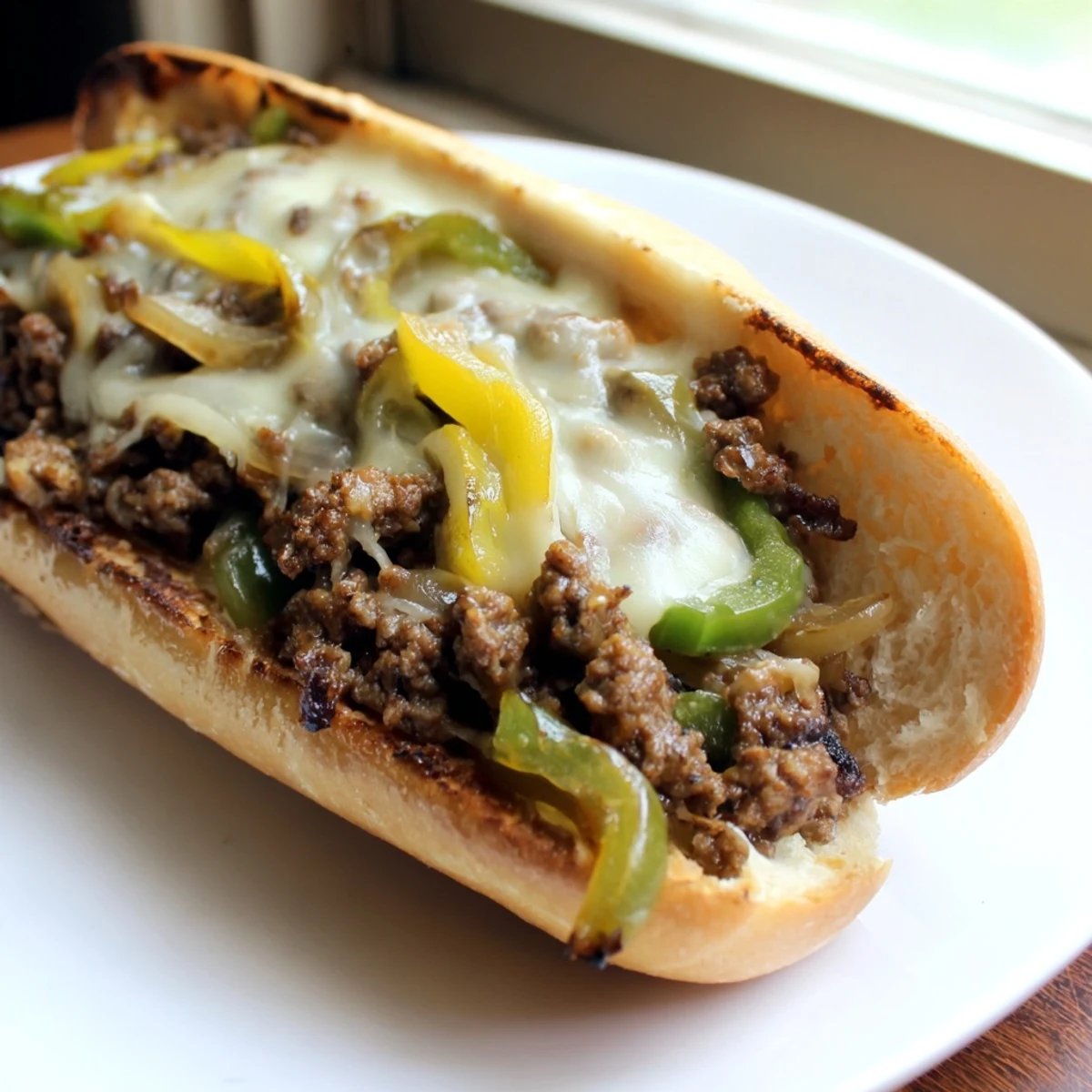 Savory cheesesteak sandwich featuring seasoned ground beef, colorful bell peppers, and gooey cheese inside a crisp sub roll