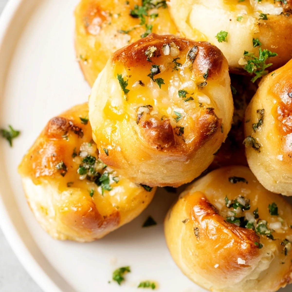 Golden brown triple cheese garlic stuffed bread bites brushed with melted butter and fresh parsley