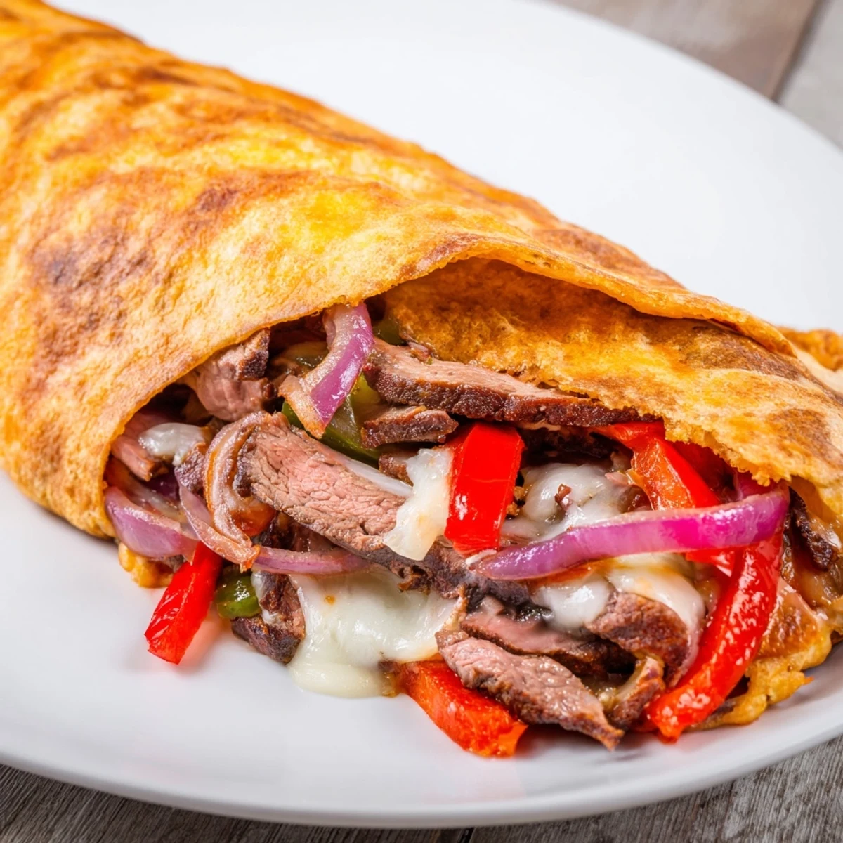 Golden crispy steak cheese tortilla melts sliced open revealing melty cheese and seared beef with colorful peppers