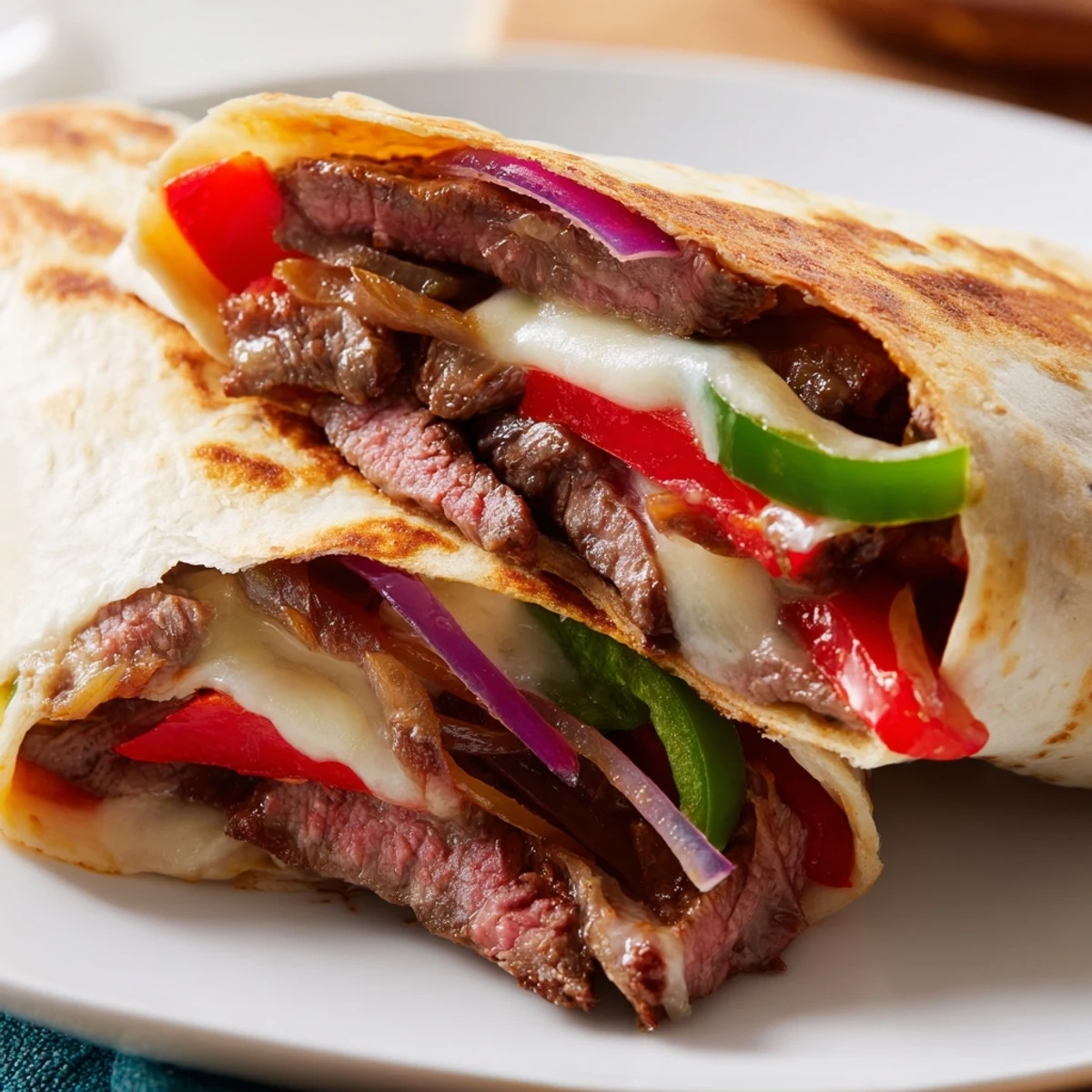 Sizzling skillet filled with cheesy steak tortilla melts featuring caramelized onions and peppers wrapped in golden flour tortillas
