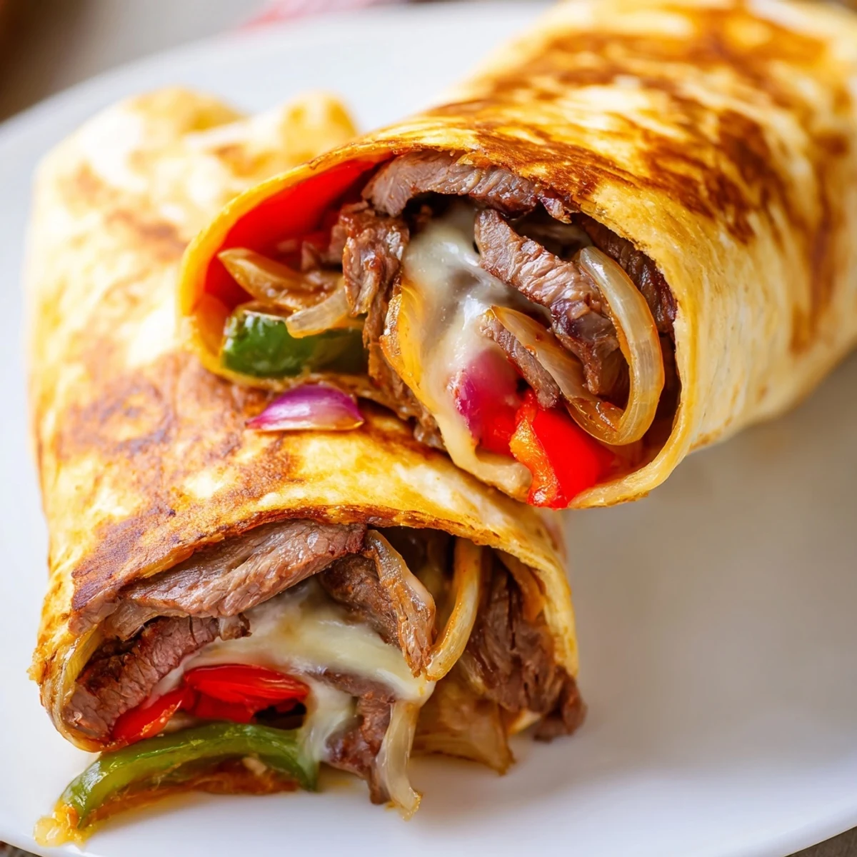 Handheld steak cheese tortilla melts displaying cross section of juicy marinated steak with melted mozzarella and cheddar cheese