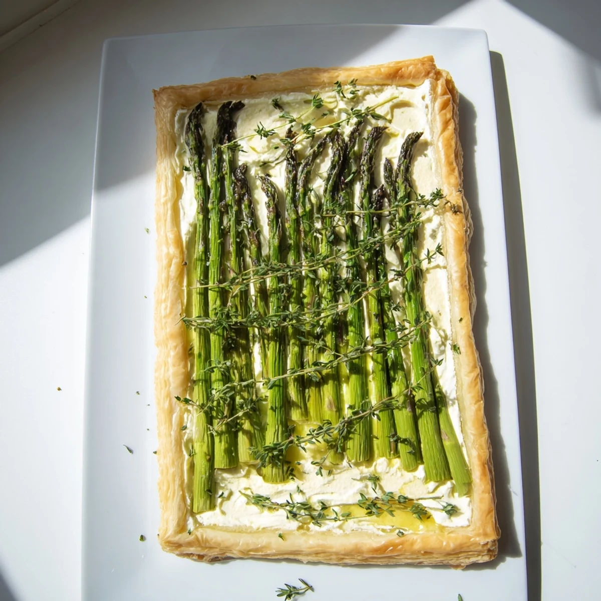 Golden brown asparagus goat cheese tart with vibrant green spears on flaky puff pastry