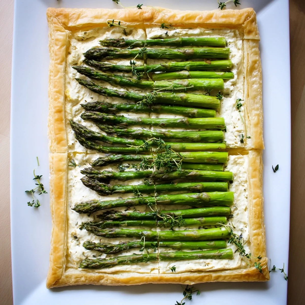 Fresh asparagus spears arranged neatly on creamy goat cheese tart garnished with thyme leaves