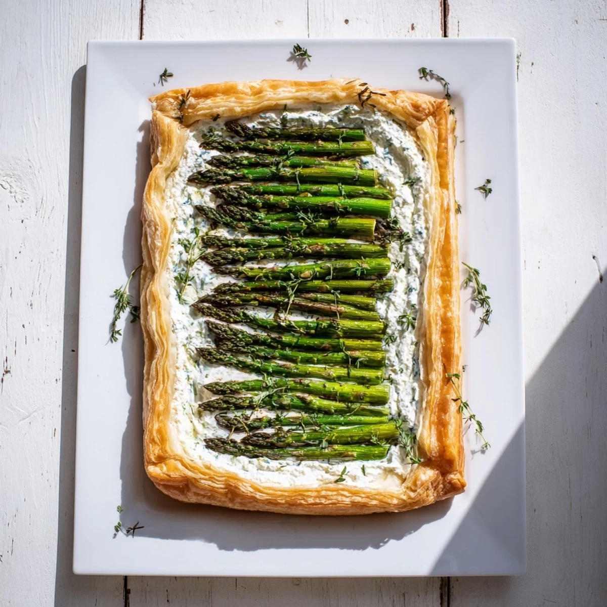 Baked French-style asparagus goat cheese tart featuring crisp pastry crust and tender spring vegetables