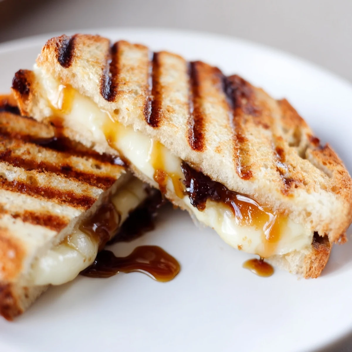 Golden brown sweet and savory Brie grilled cheese with glossy balsamic drizzle