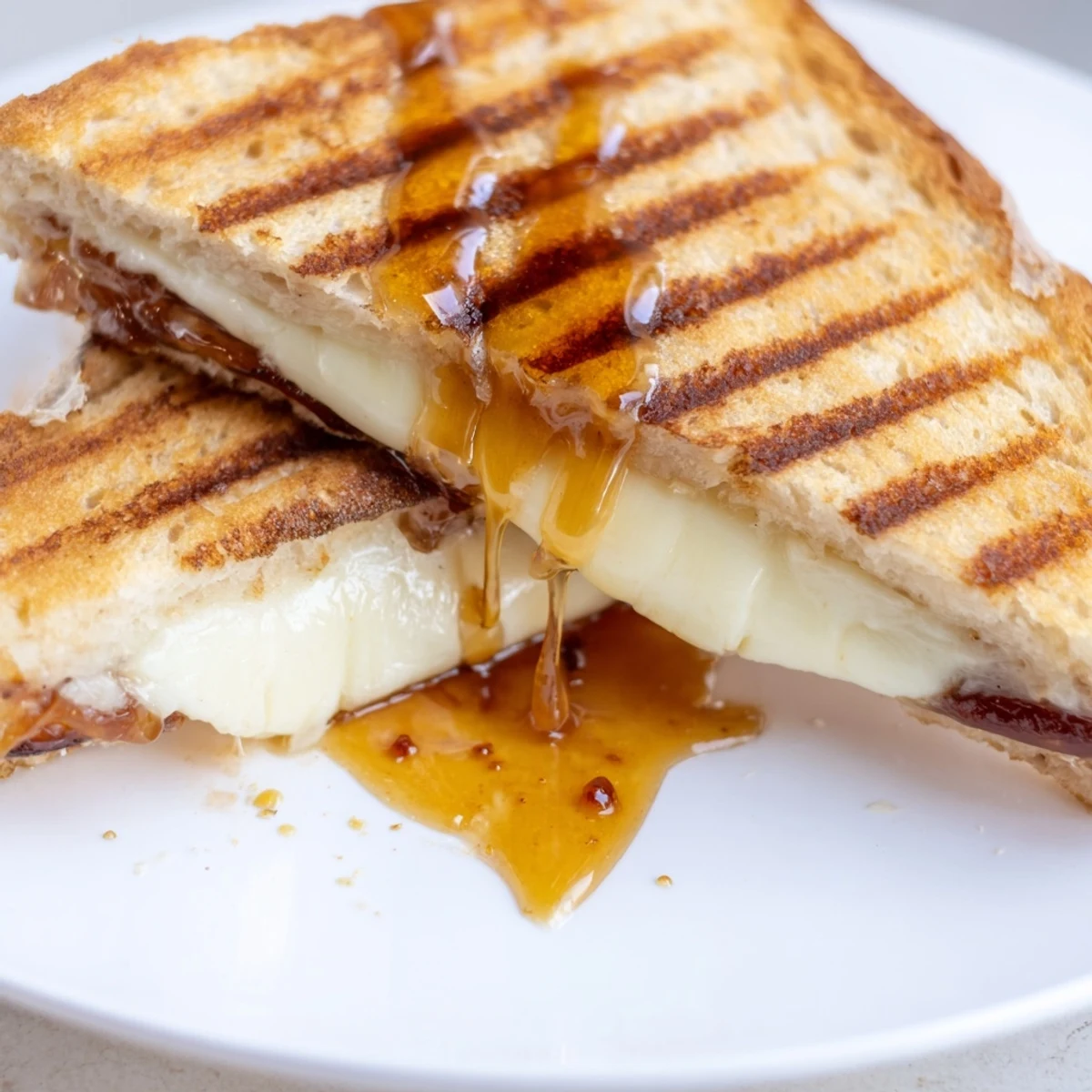 Gourmet Brie grilled cheese sandwich oozing melted cheese with sweet apricot preserves