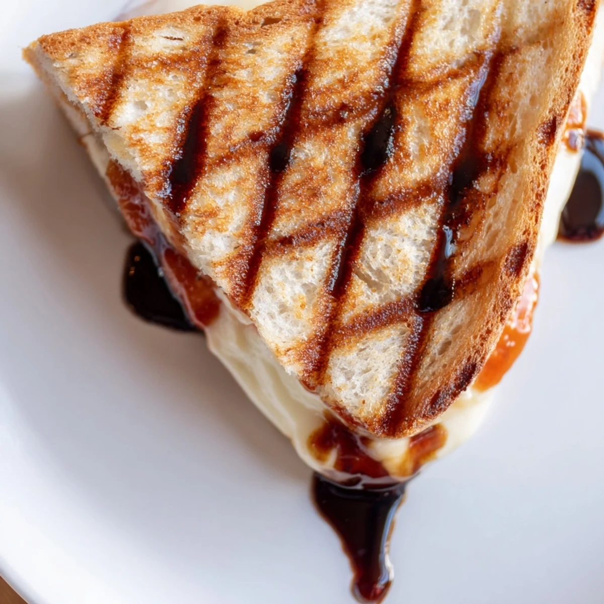 Sliced Brie grilled cheese on rustic bread topped with balsamic honey reduction