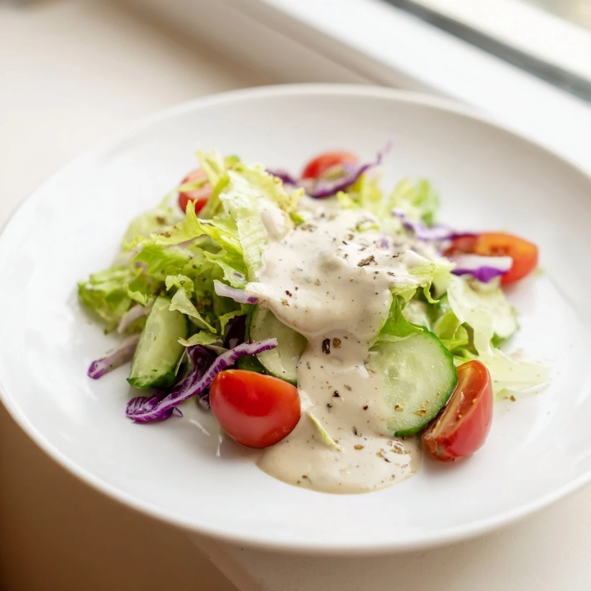 Creamy sesame dressing drizzled over fresh green salad with vibrant vegetable toppings