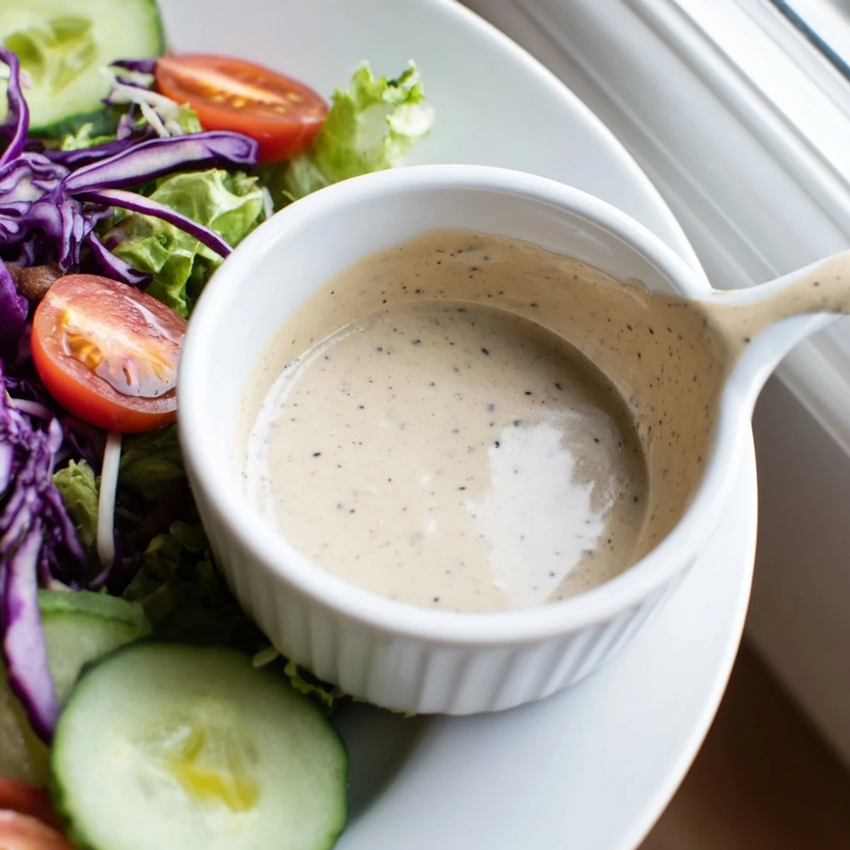 Glass jar of homemade creamy sesame dressing garnished with toasted sesame seeds