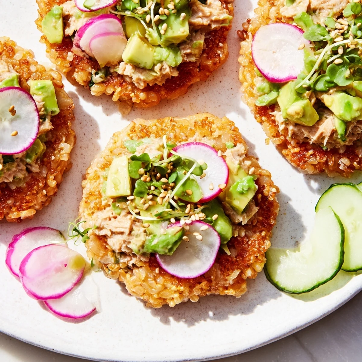 Golden crispy rice cakes topped with spicy tuna salad and fresh microgreens