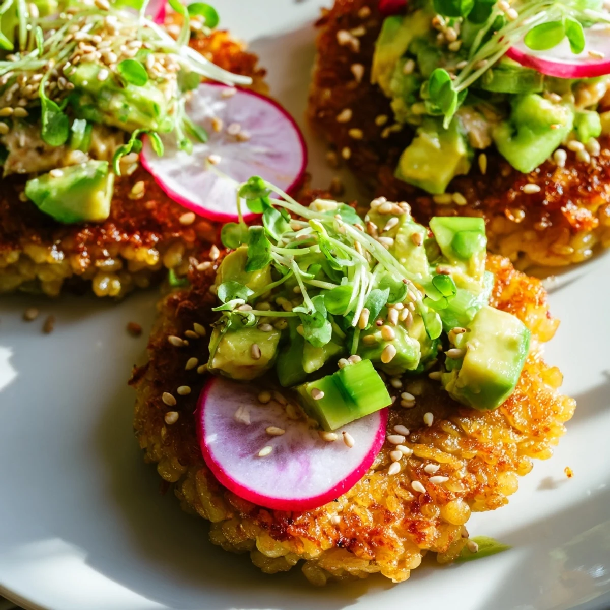 Vibrant crispy rice tuna salad garnished with cucumber radishes and sesame seeds