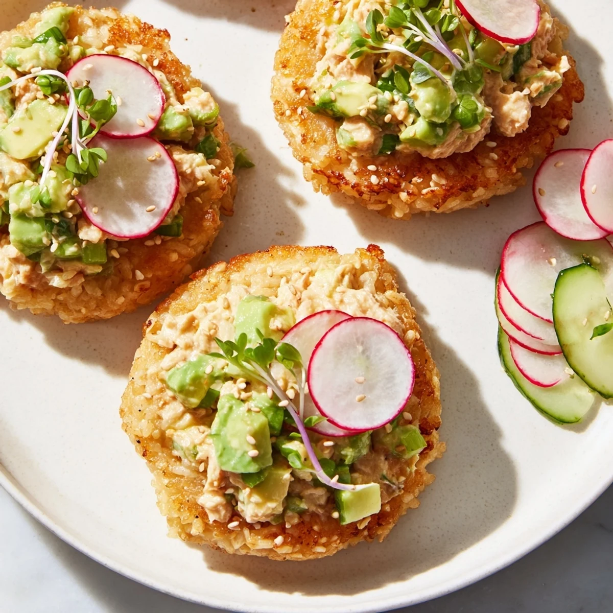 Savory tuna mixture piled over fried rice patties with avocado and cilantro