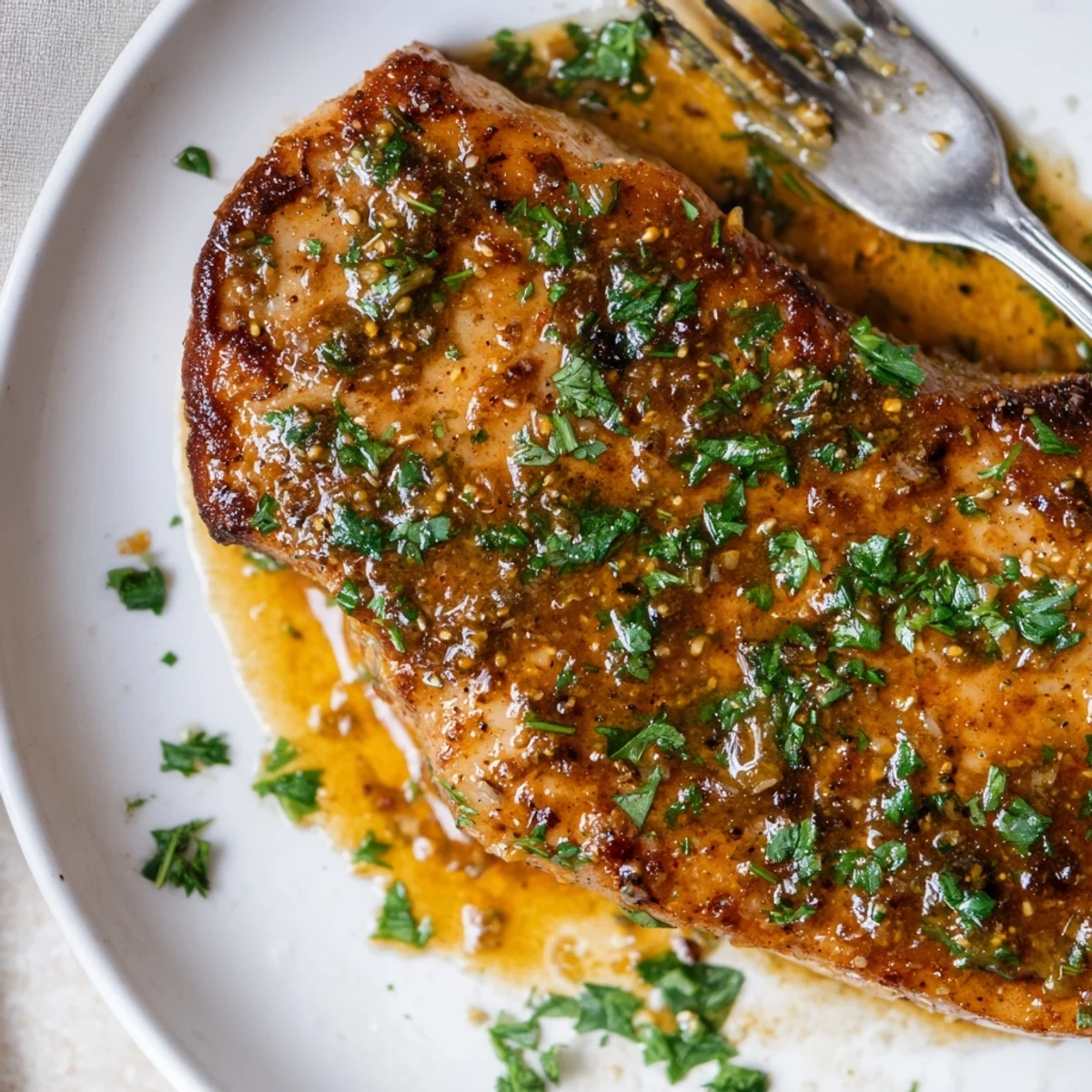 Golden brown tasty turkey chops drizzled with tangy lemon mustard sauce and fresh parsley garnish on a white plate
