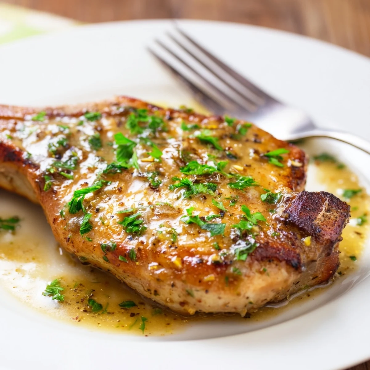Pan-seared tasty turkey chops plated with creamy Dijon mustard sauce and sprinkled with chopped fresh parsley for a healthy dinner