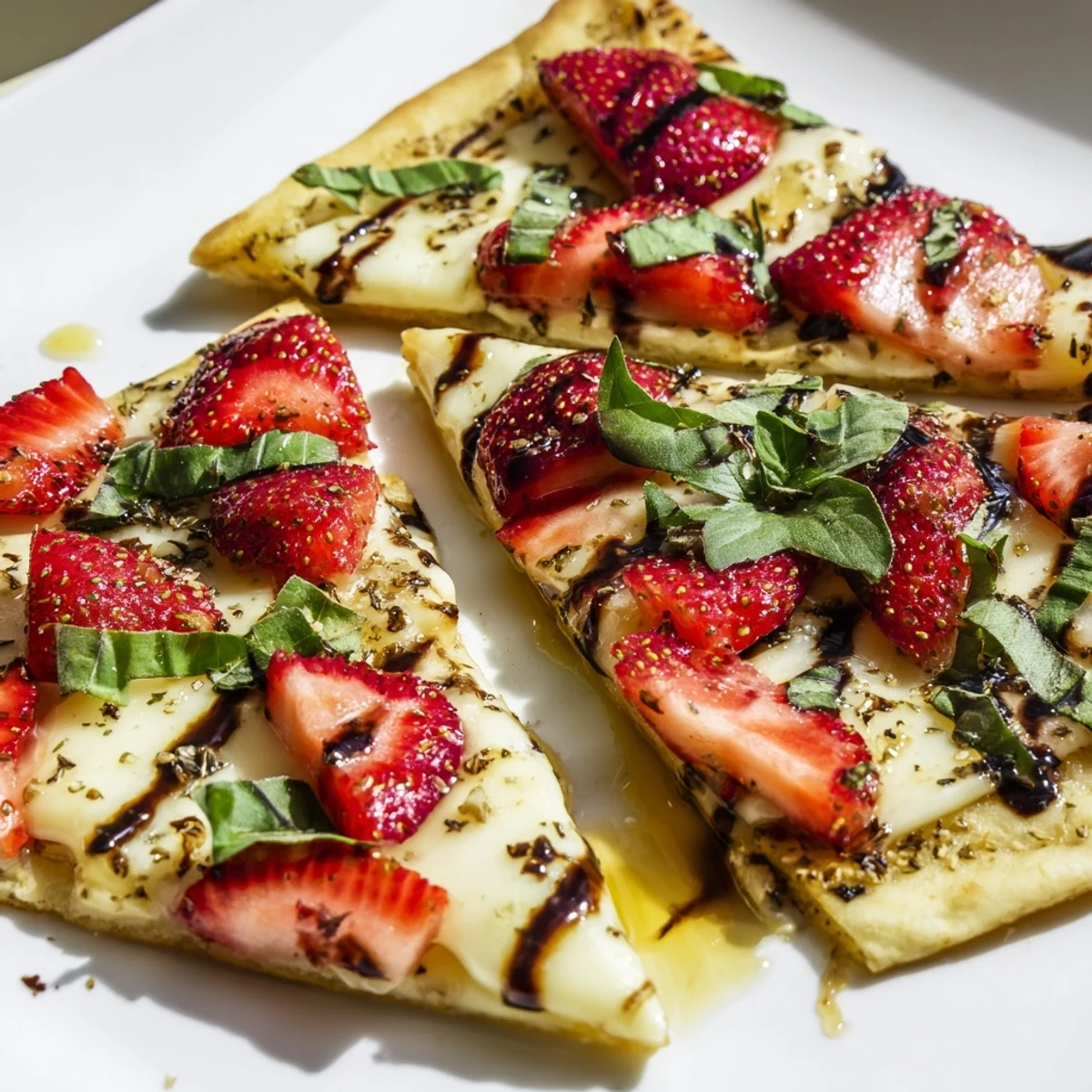 Golden Strawberry Brie flatbread drizzled with honey and balsamic glaze on rustic wooden board