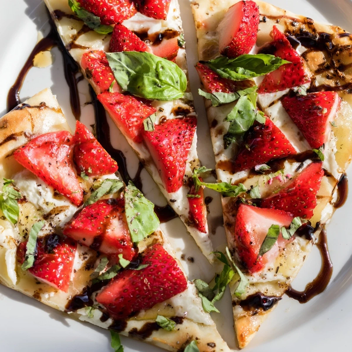 Crispy flatbread topped with melted Brie cheese, fresh sliced strawberries, and chopped basil leaves