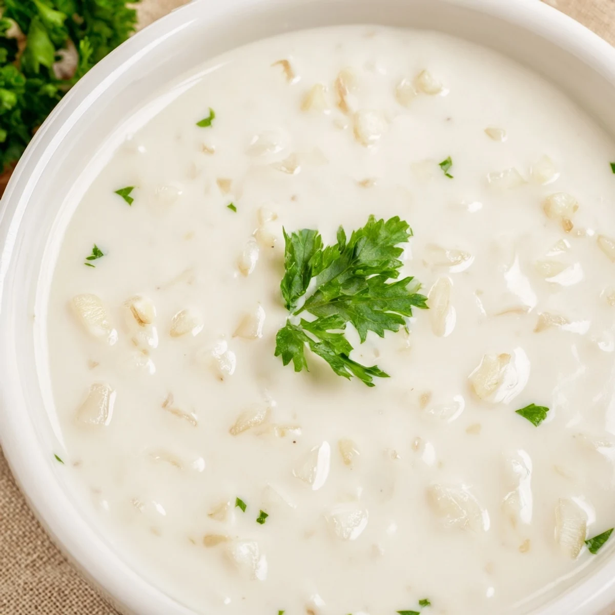 Creamy rich garlic sauce drizzled over steamed vegetables with fresh parsley garnish