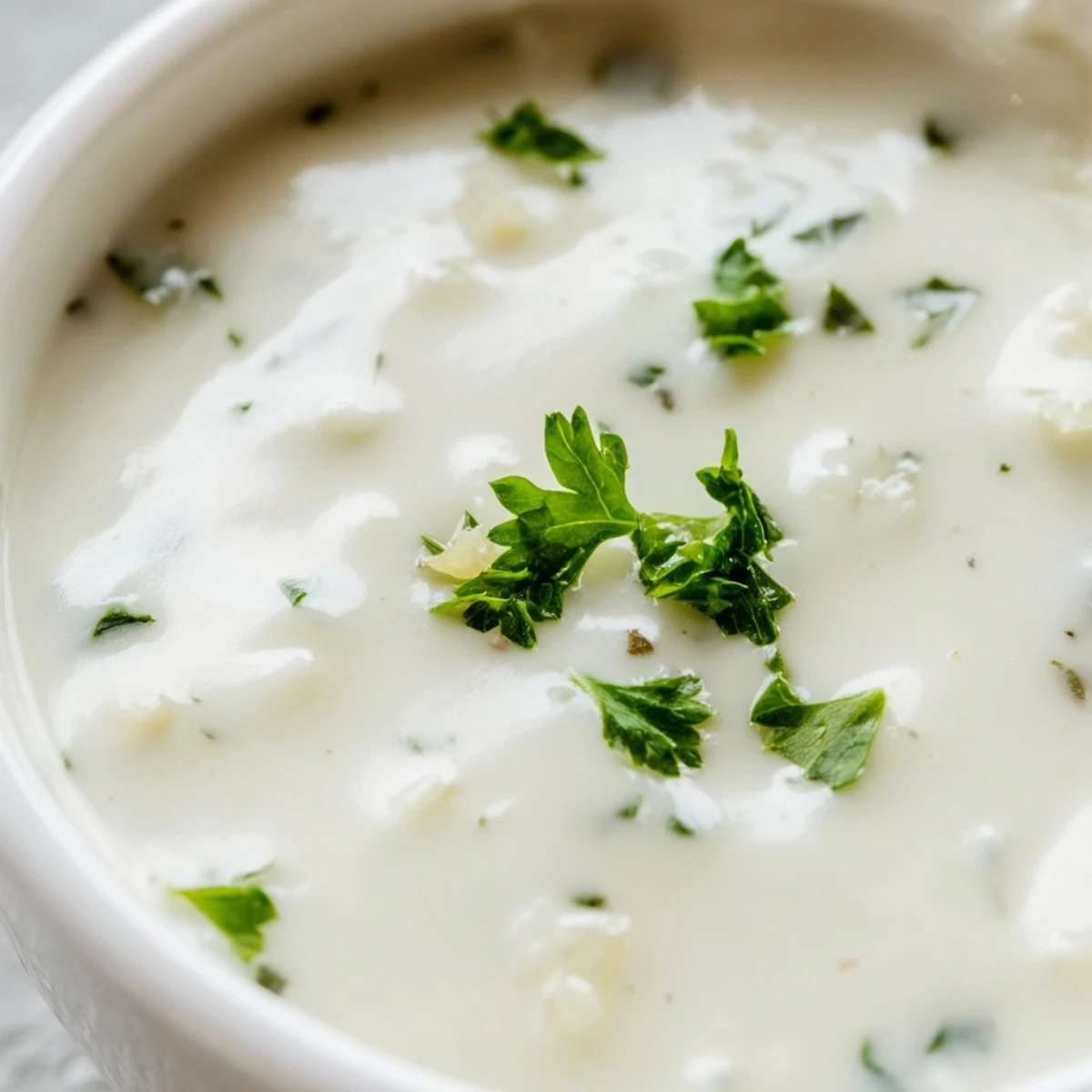 Savory rich garlic sauce served in white bowl alongside crusty bread and herbs