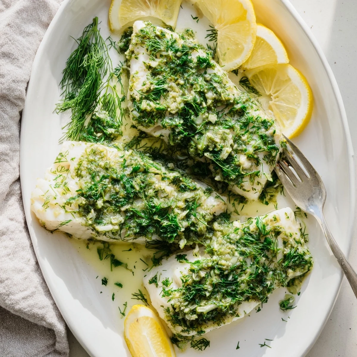Golden baked halibut fillets topped with melting herb butter and fresh parsley